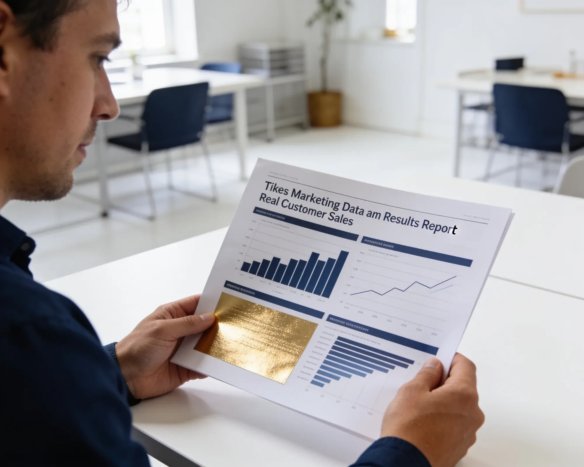 Business owner reviewing a marketing performance report showing campaign results