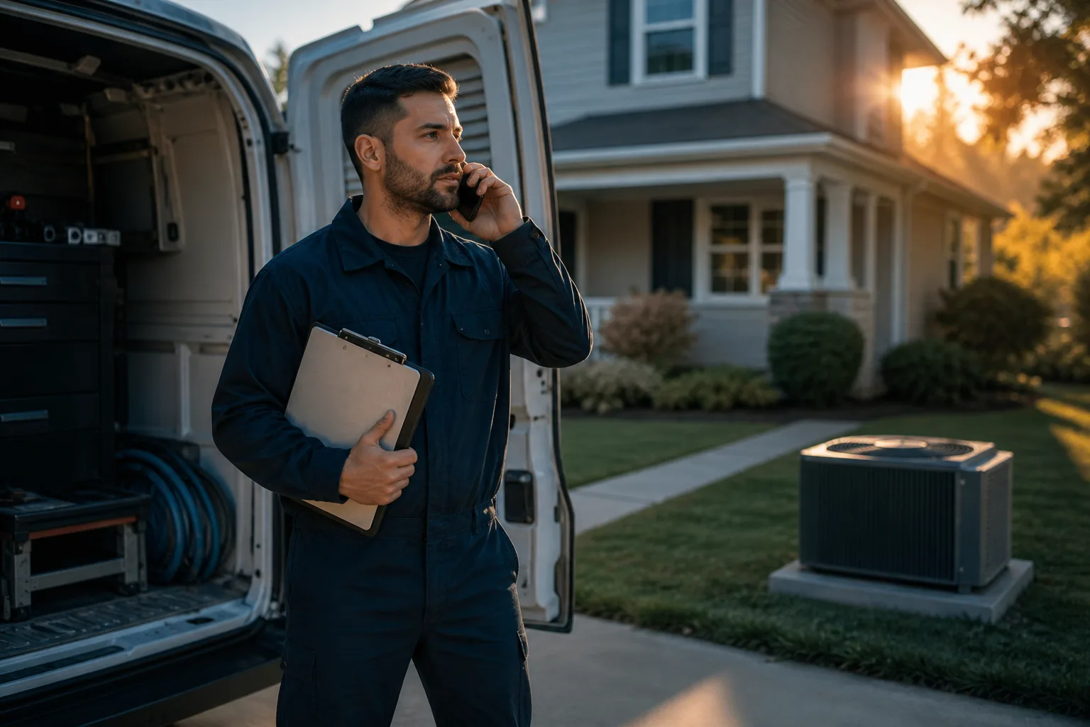 Tech on a job, on the phone
