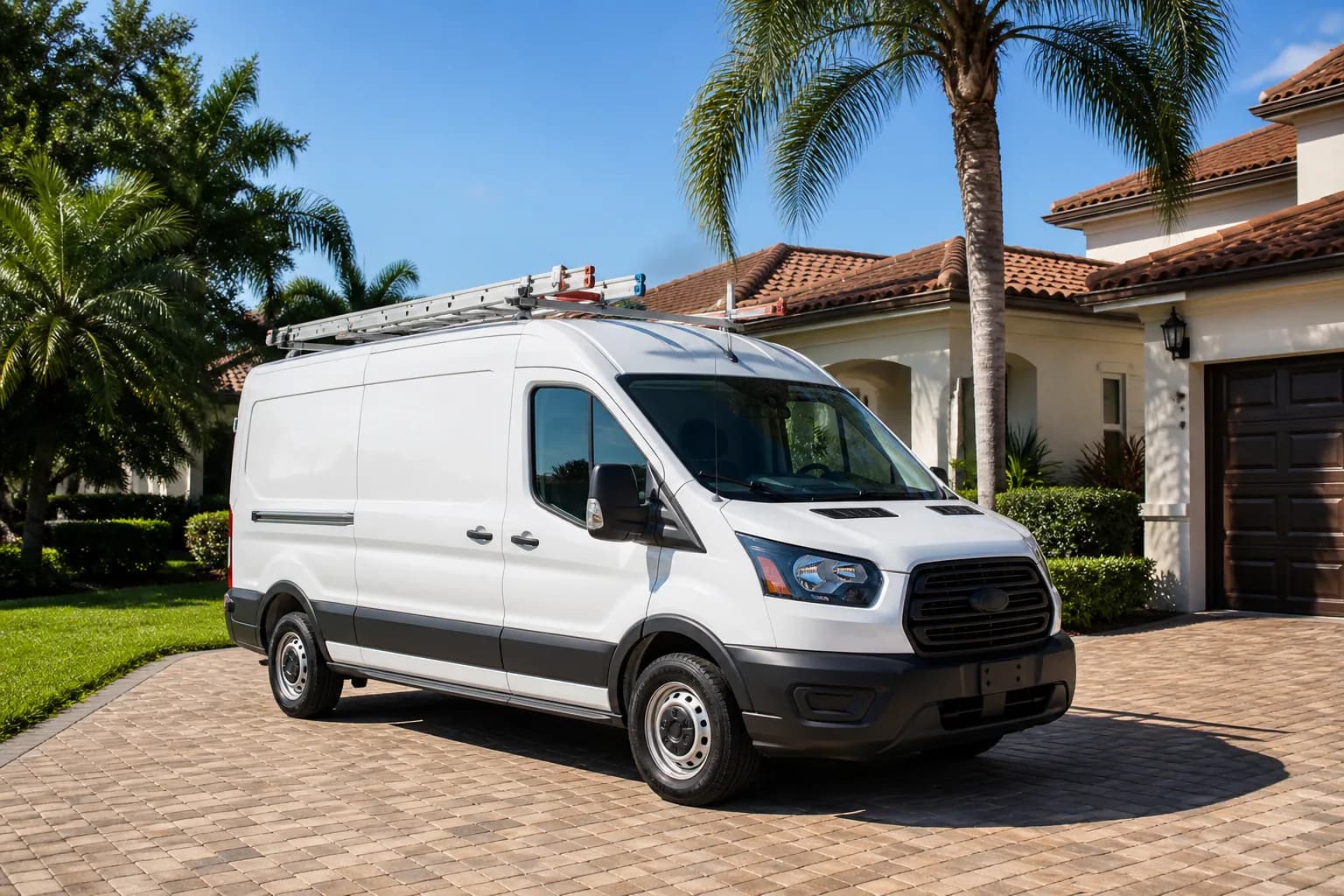 Work van in a sunny driveway