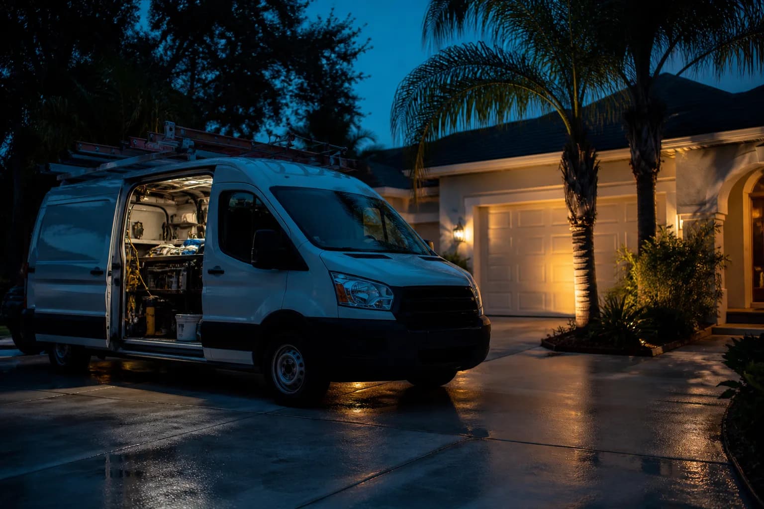 Work van in a driveway at dusk